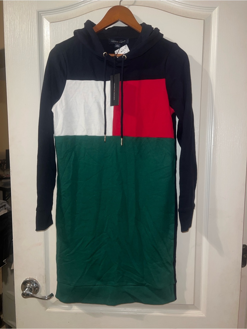 Tommy Hilfiger Colorblock Hoodie Dress in Black, White, Red & Green